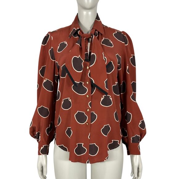 Johanna Ortiz Tops - Johanna Ortiz Printed Rust Tie Neck Blouse Size S